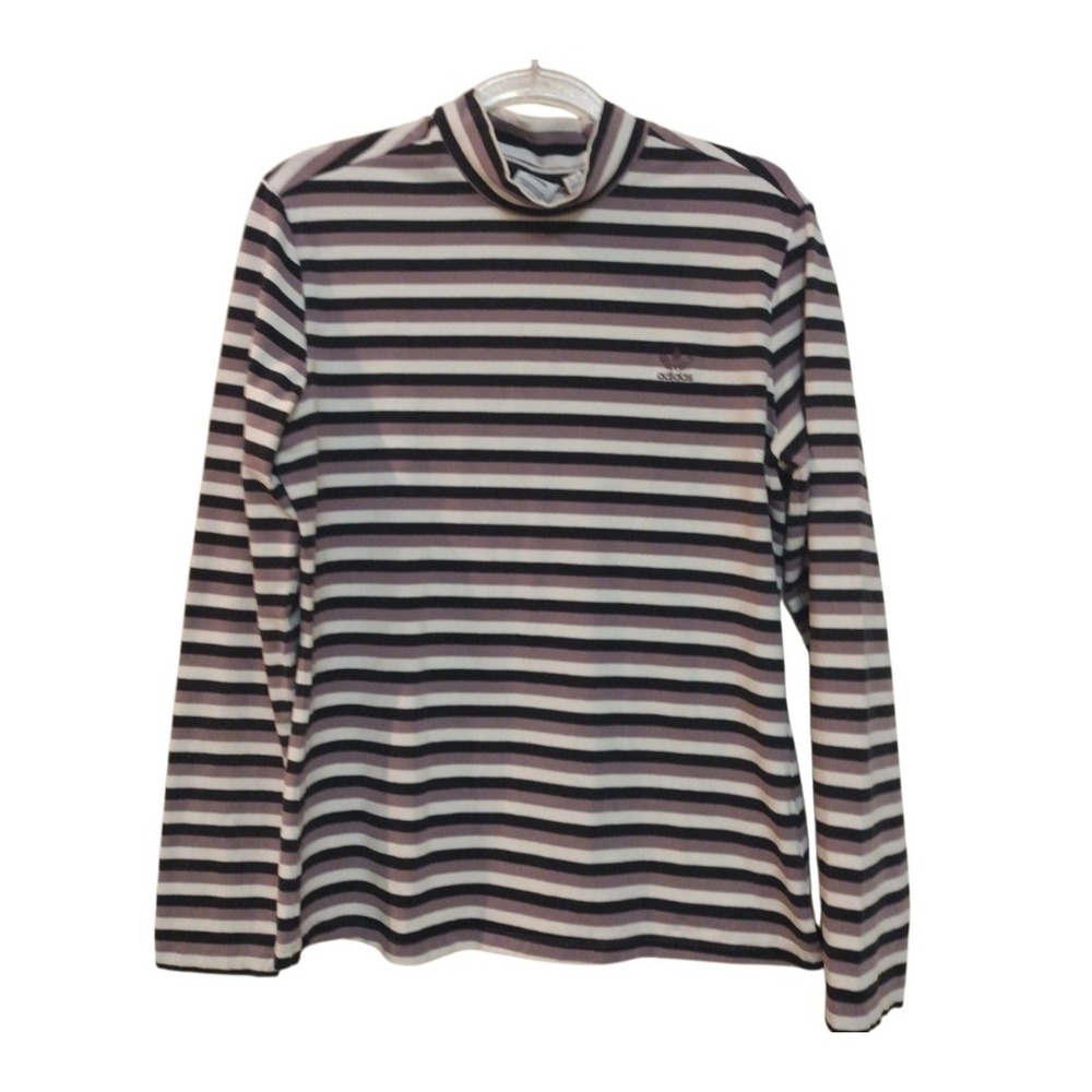 Adidas Originals Top Women XL Black Purple Stripe Long Sleeve Pullover Mock Neck